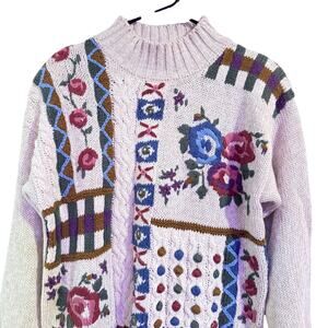 IC ISAACS Cream Sweater with Colorful Flowers and Designs Ramie/Cotton Sz S